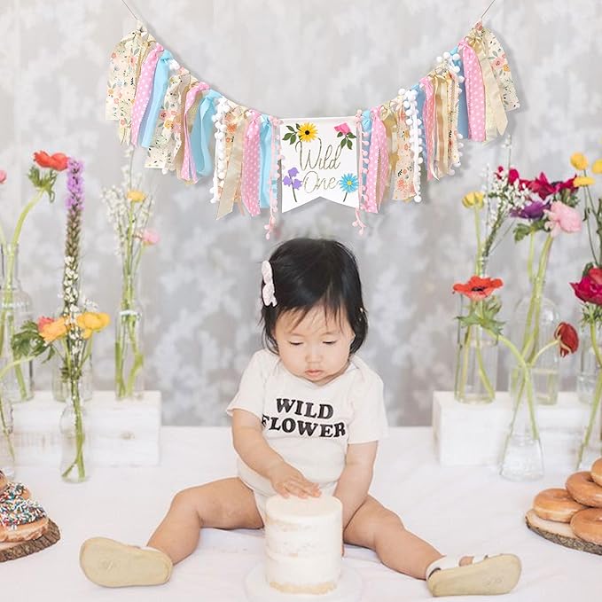 Wild flower High Chair Banner - Girls Wild One 1st Birthday Decoration, Floral Theme Highchair Banner
