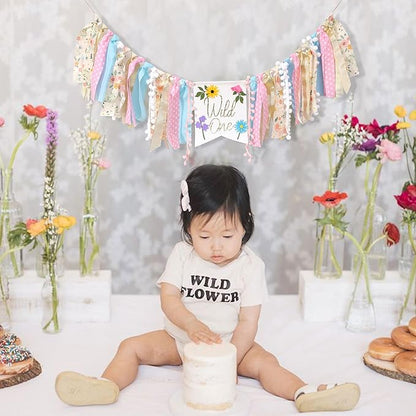 Wild flower High Chair Banner - Girls Wild One 1st Birthday Decoration, Floral Theme Highchair Banner