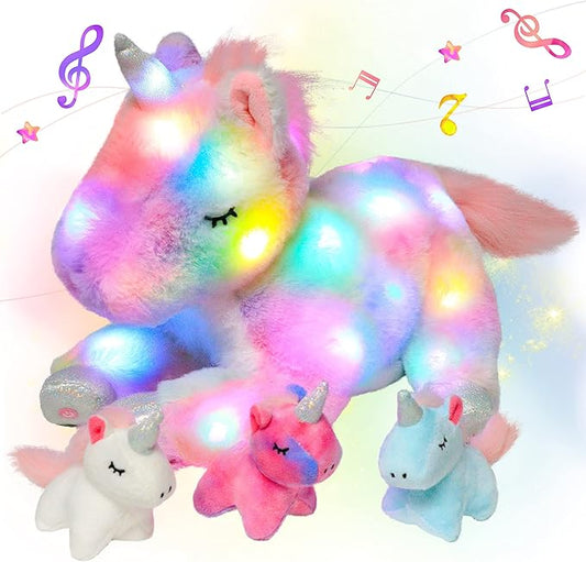 Hopearl LED Musical Stuffed Unicorn Playset Lighting Up Singing Plush Toy Mommy Unicorn with 3 Baby Unicorns in her Tummy Lullaby Animated Soothe for Mom Toddlers Girls, Rainbow 19''