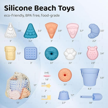 ISSEVE 23Pcs Beach Toys Set for Kids Toddlers Girls, Silicone Sand Toys Include Sand Bucket 12 Sand 3-12 (Blue