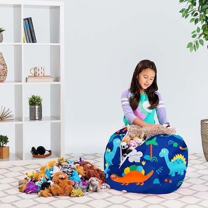 Posh Stuffable Kids Stuffed Animal Storage Bean Bag Chair Cover - Childrens Toy Organizer, Medium-27 - Canvas Dinos on Blue