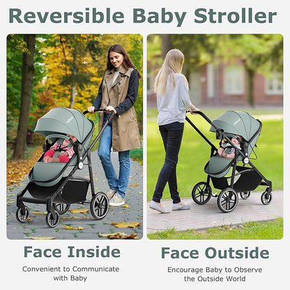 INFANS 2 in 1 Baby Stroller, High Landscape Infant Stroller & Reversible Bassinet Pram, Foldable Pushchair with Adjustable Canopy, Cup Holder, Storage Basket, Suspension Wheels (Green)