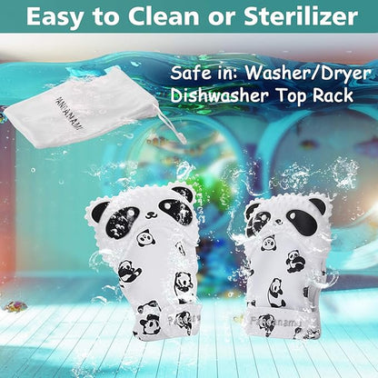 Baby Teething Mitten Panda Teether Mitten with Baby Toothbrush & Toy(2 Mittens