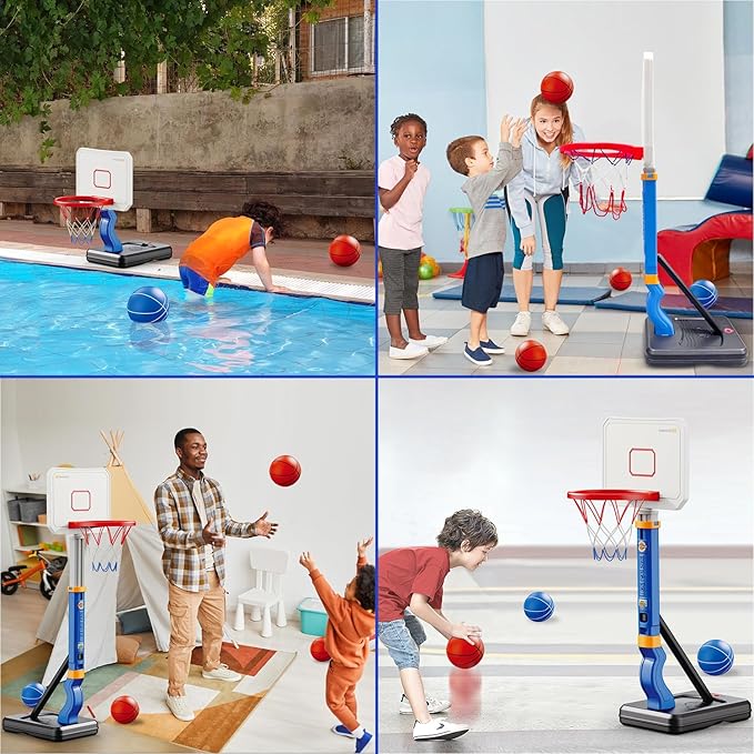 Dollox Toddler Basketball Hoop Set, Indoor Mini Basketball Hoop Poolside Basketball Stand Height Adjustable Outdoor Basketball Toys with 4 Balls 3 4 5 6