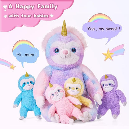 IKASA Mommy Sloth Stuffed Animal Mom and Baby Plush Toy,Cute 20" Soft Small Fluffy Mama Family Set Toy with Little Mini Babies