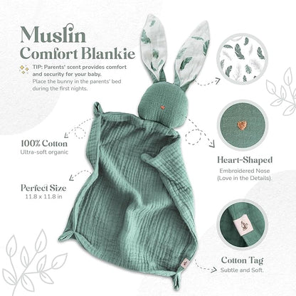 Mikito Organic Cotton Newborn Gifts Box, Baby Gifts Unisex incl. Muslin Baby Lovey Comforter + Baby Bandana Bib Drool + Wooden Baby Teether + Birth Announcement Sign