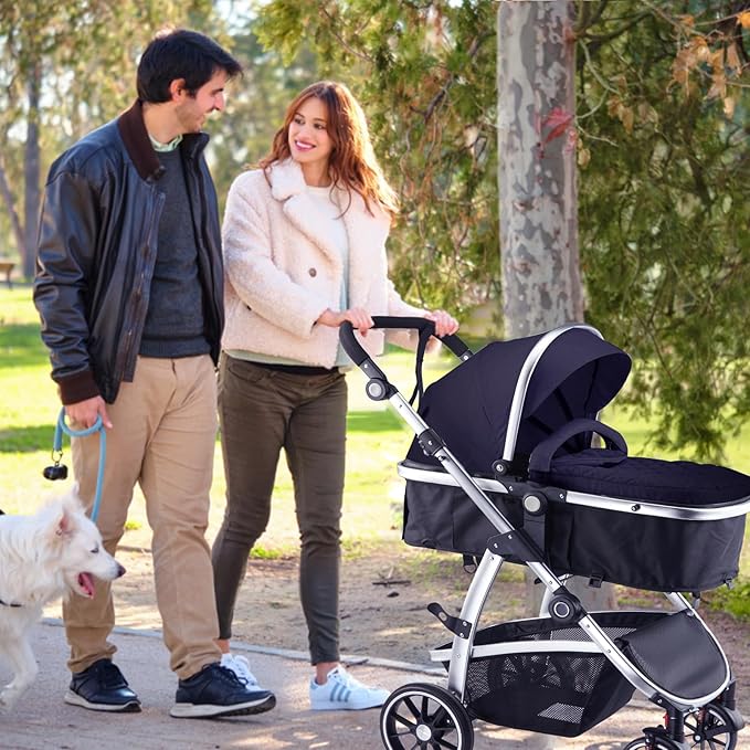 Baby Stroller, 2-in-1 Reversible Toddler Seat with Lie-Flat Mode, Foldable Infant Stroller with Canopy, One Button Brake, Adjustable Handle, Newborn Pushchair(Black)