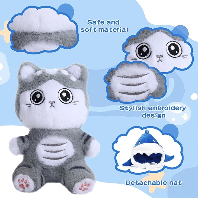 MIAODAM Cute Cat Plushie with Shark Stuffed Animal Hat - Soft Shark Cat Plush Toy Stuffed Animal Doll, for Baby (20cm/7.8in)