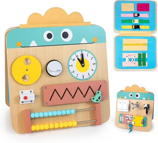 HELLOWOOD 17 for 1 Wooden Busy Board for Kids, Montessori Toys for 2 3 4 Years Old 2-4, Fine