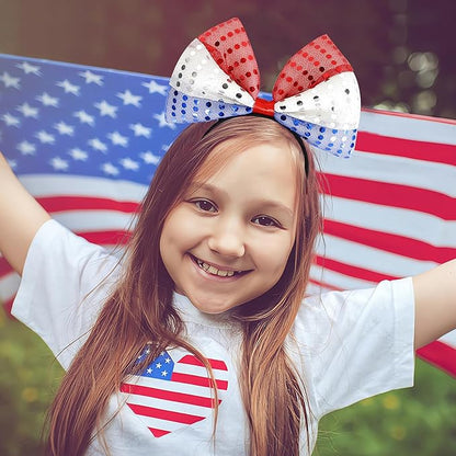 Hairband - 4th of July Decorations Bow Headband with Tassel, Sequins Red Blue White