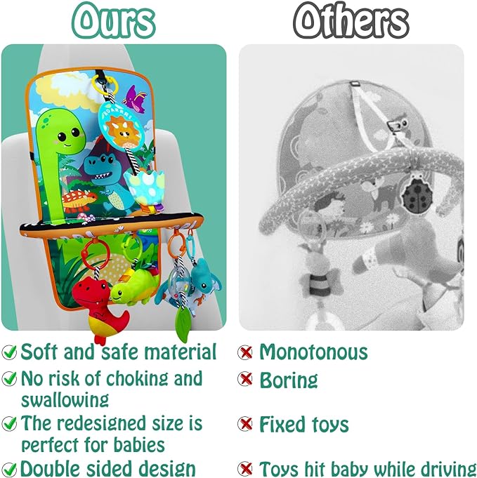 Baby Car Seat Dinosaurs Toys - Kick and Play Double Sided Infant Car Seat Toys with Plush Toys, Mirror, Teether for Baby, Baby Travel Activities, Christmas Birthday Gifts Newborn Infant Toys