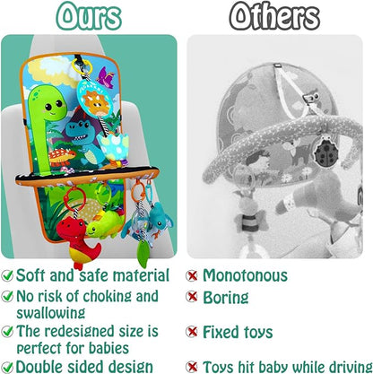 Baby Car Seat Dinosaurs Toys - Kick and Play Double Sided Infant Car Seat Toys with Plush Toys, Mirror, Teether for Baby, Baby Travel Activities, Christmas Birthday Gifts Newborn Infant Toys