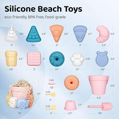 ISSEVE 23Pcs Beach Toys Set for Kids Toddlers Girls, Silicone Sand Toys Include Sand Bucket 12 Sand 3-12 (Pink)