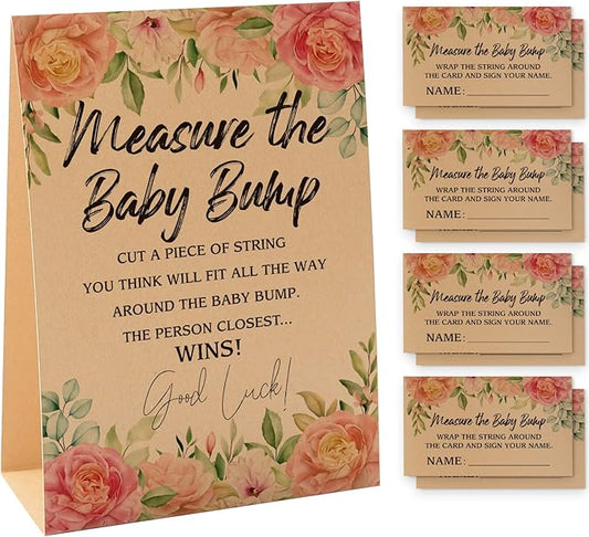 1 Measure the Baby Bump Kraft Sign & 50 Guessing Cards Set, Gender Neutral Baby Shower Games/076KF