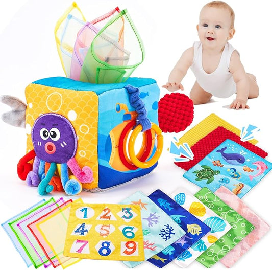 hahaland Baby Tissue Box Toy - Baby Toys 6-12 Months Montessori Toys for 6 Month Old Toys with Textured Tails, Cloth Tissues