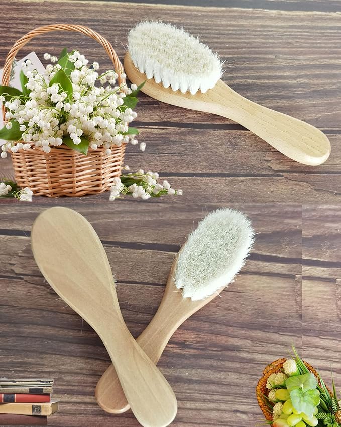 Baby Hair Brush with Wooden Handle and Comb Set for Newborns & Toddlers | Natural Soft Goat Bristles l Wood comb l Yellow Silicone Brush (3PCS)