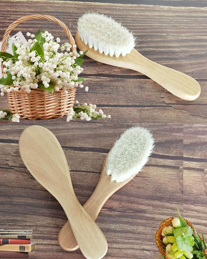 Baby Hair Brush with Wooden Handle and Comb Set for Newborns & Toddlers | Natural Soft Goat Bristles l Wood comb l Yellow Silicone Brush (3PCS)