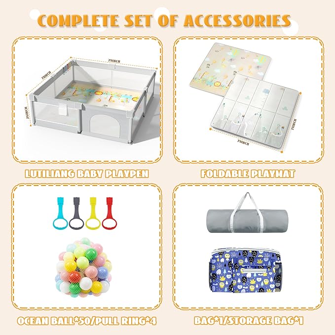 LUTIKIANG 79" x 71" Baby Playpen with Upgrade Mat, Portable Play Yard for Babies and Toddlers, Extra Large Baby Gate Playpen, Play Pin, Fence Area, Includes Ocean Balls, Pulling Rings