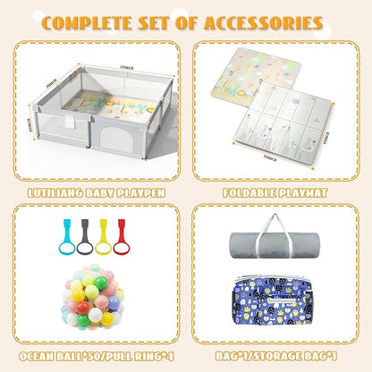 LUTIKIANG 79" x 71" Baby Playpen with Upgrade Mat, Portable Play Yard for Babies and Toddlers, Extra Large Baby Gate Playpen, Play Pin, Fence Area, Includes Ocean Balls, Pulling Rings