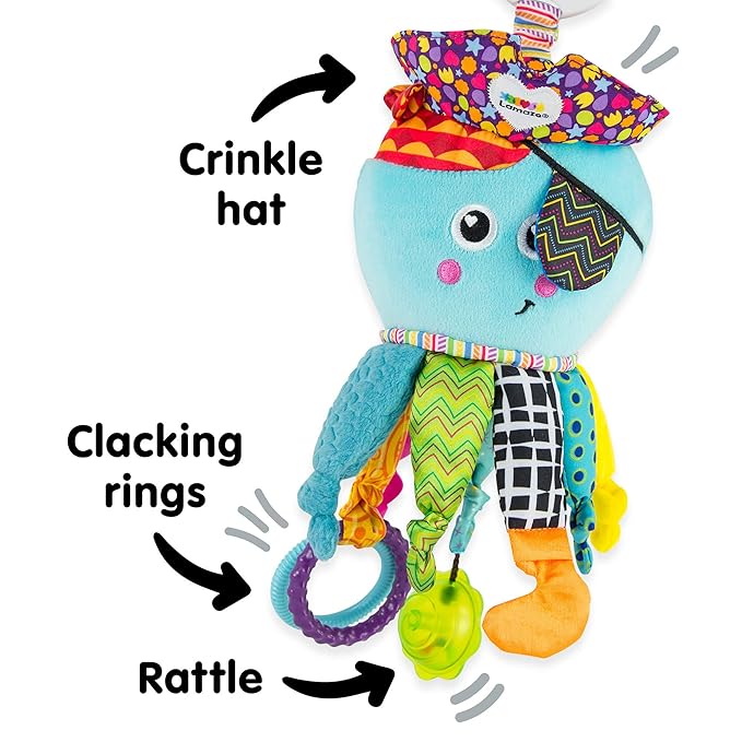 Lamaze Clip On Car Seat and Stroller Toy - Captain Calamari - Crinkle Car Seat Toys and Stroller Toys - Sensory Toys for Babies - Travel Toys for Car - Infant Toys Ages 0 Months and Up