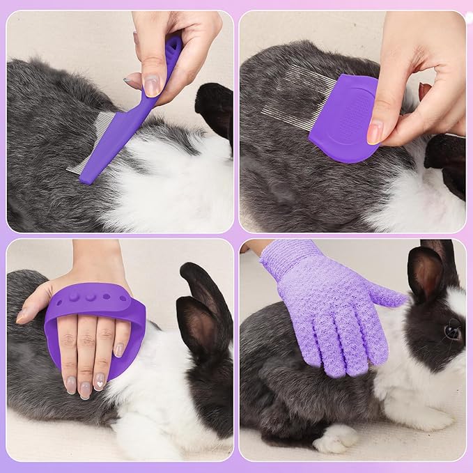 VCZONE 8 Pcs Small Animal Pink Grooming Kit, Rabbit Grooming Kit with Pet Nail Clipper and File, Flea Comb, Pet Shampoo Bath Brush , Pet Shedding Slicker Brush, Bath Massage Glove, Cleaning Comb