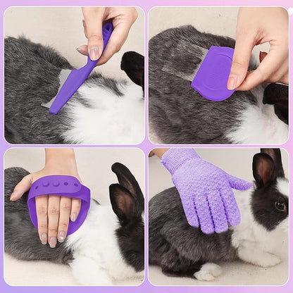 VCZONE 8 Pcs Small Animal Pink Grooming Kit, Rabbit Grooming Kit with Pet Nail Clipper and File, Flea Comb, Pet Shampoo Bath Brush , Pet Shedding Slicker Brush, Bath Massage Glove, Cleaning Comb