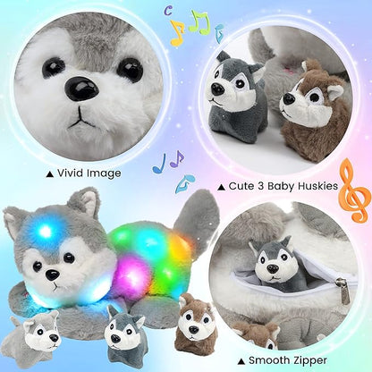 Hopearl LED Musical Stuffed Husky Lighting Up Singing Plush Toy Playset Mommy Dog with 3 Baby Puppies in her Tummy Lullaby Animated Soothe for Mom Toddler Girls, Gray 17''