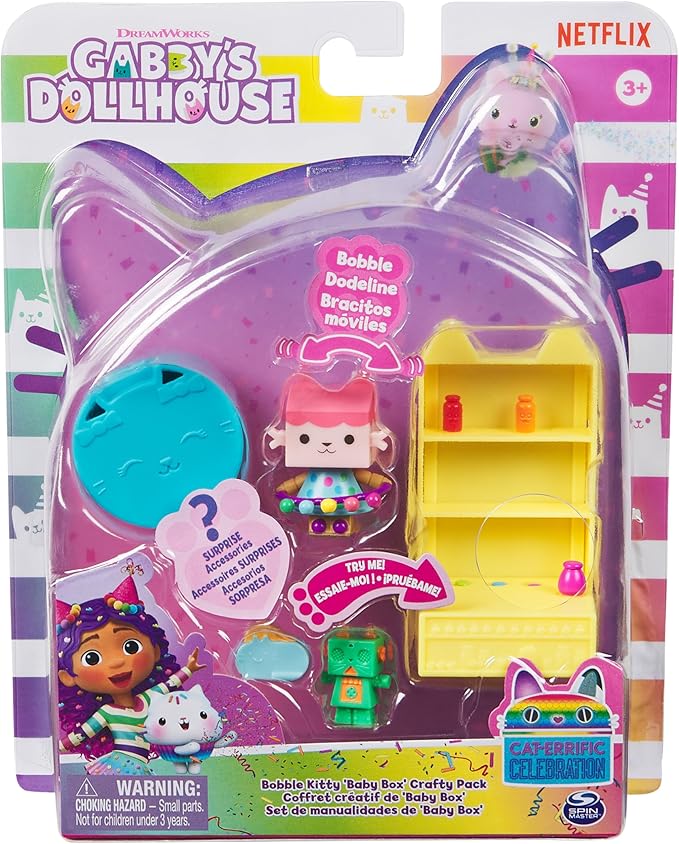 Gabby's Dollhouse, Celebration Series Baby Box Cat Bobble Figure with Dollhouse Furniture and Accessories 3 and