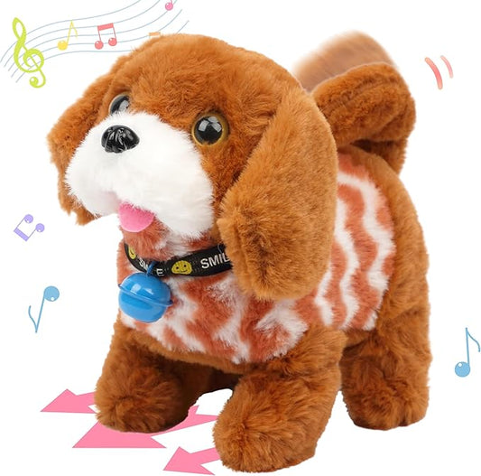 Hopearl Walking Dog Golden Retriever in Brown Vest Interactive Electronic Pet Plush Toy Puppy Woof and Moving Animated Nodding Head Gift for Toddlers Birthday, Brown 7''