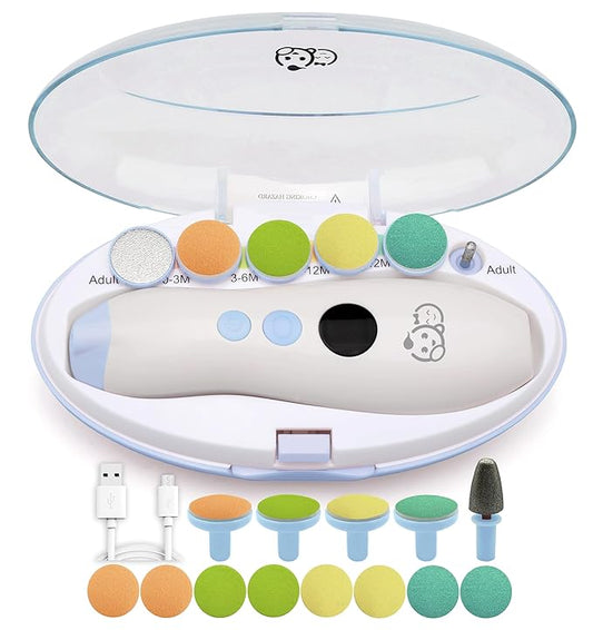 Rechargeable 22 in 1 Baby Nail Trimmer, Usage Labeled Case, 13 Extra Replacement Tools, Royal Angels Electric Nail File with LCD display, Newborn Toddler Nail Care Clipper Kit (Rechargeable,WhiteBlue)