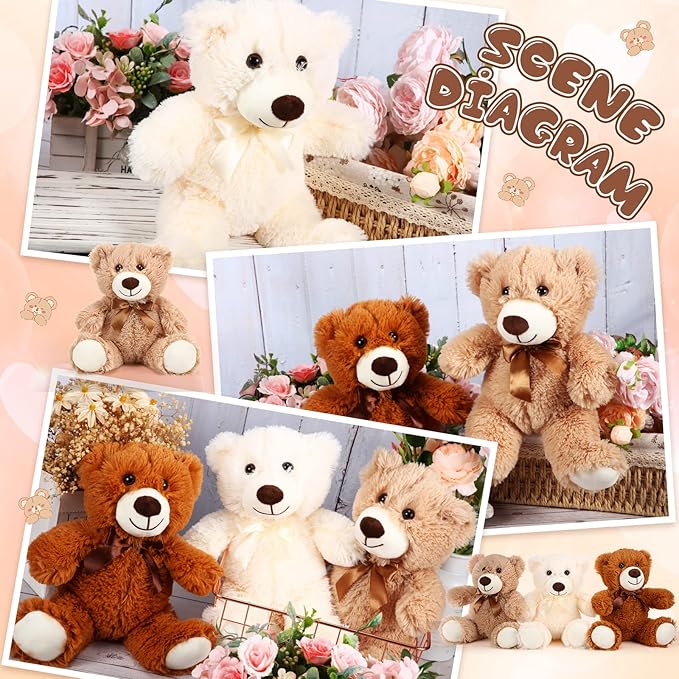 HyDren 6 Pcs Bears Bulk Stuffed Animal Small Bears Baby Shower Bears Plush Toys Employee Appreciation Easter Graduation Gifts(White, Brown