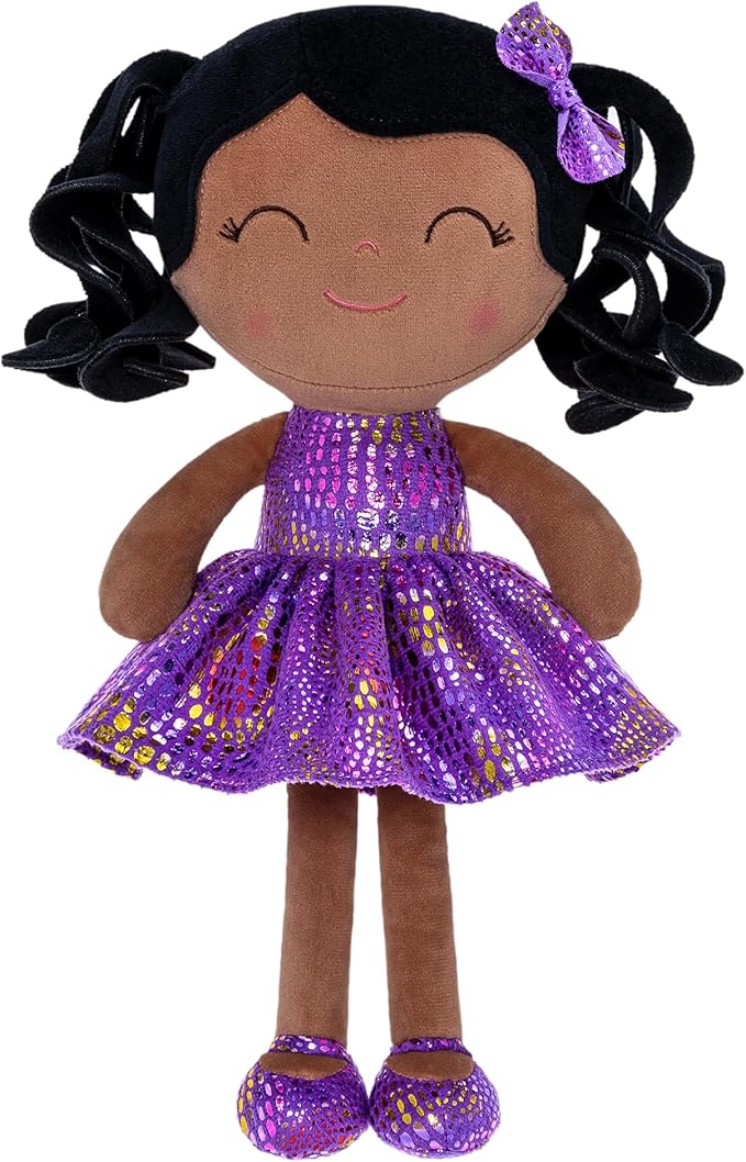 Gloveleya Soft Dolls Plush Figure Brown Skin Glitter Purple Dress 12inches