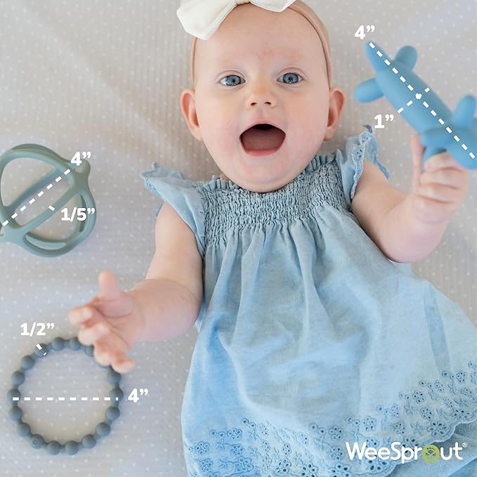 WeeSprout Handheld Teether Set (Matte Green, Pink & Off White)