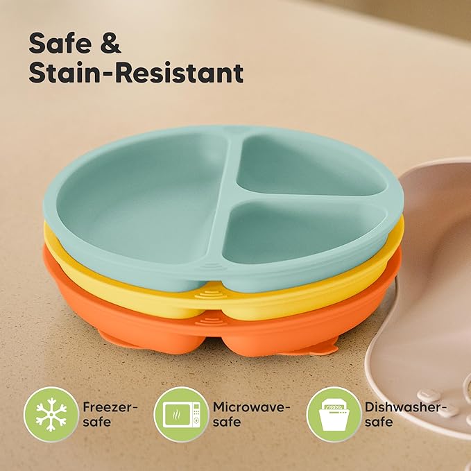 KeaBabies Suction Plates for Baby, Toddler - 3-Pack 100% Silicone Toddler Plates, Divided Baby Plates with Suction, Silicone Plates for Baby, Kids, BPA-Free, Microwave, Dishwasher Safe (Amaze)