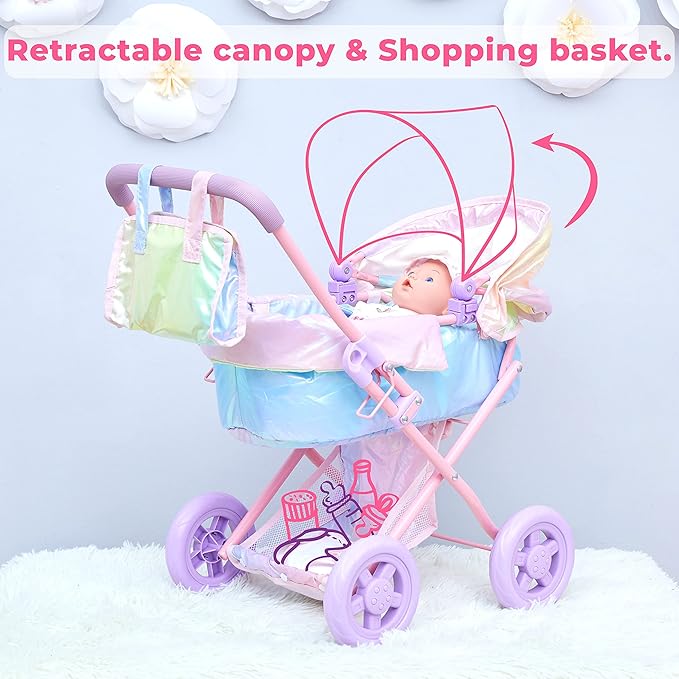 Olivia’s Little World - Baby Doll Bassinet Stroller, Baby Doll Pram Stroller Buggy for 3 Year Old Girls Toddlers 2 in 1 Deluxe 16" Dolls,