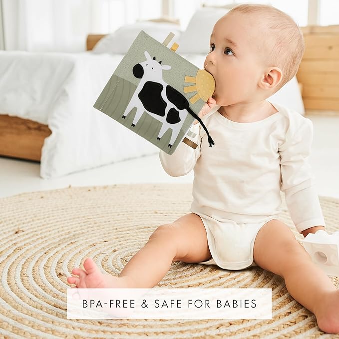Soft Baby Book with Touch and Feel Pages - Cute Sensory Book for Babies 0-6 Months with Textured Farmworld, Mirror & Crinkle Paper