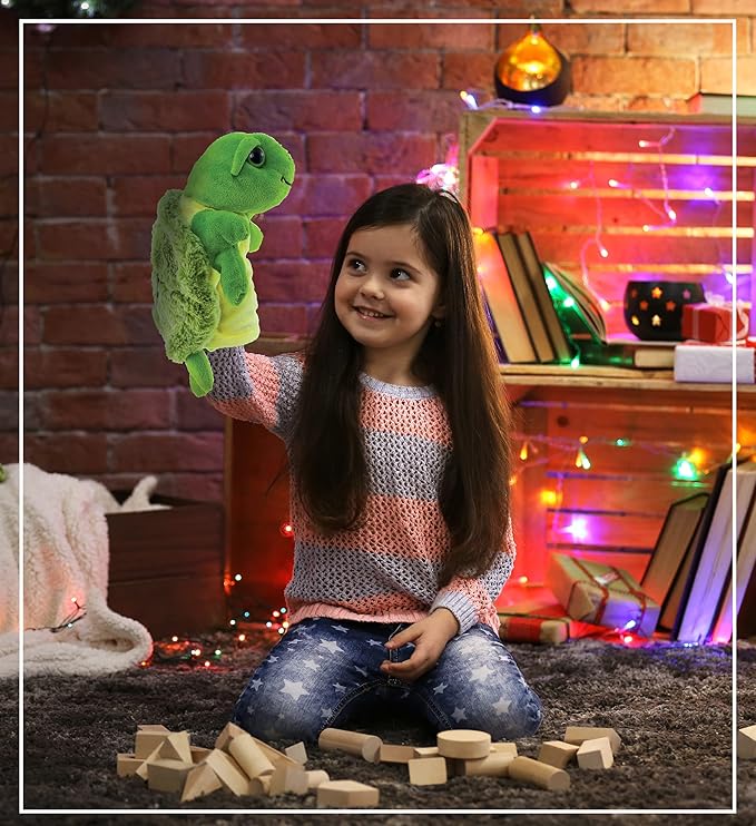 DolliBu Sea Turtle Hand Puppet - Super Soft Stuffed Animal Hand Puppets for Kids, Educational Hand Puppet Plush Toy for Kids and Adults 10 Inch