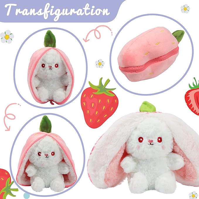 Hopearl Reversible Strawberry Floppy Ear Bunny Stuffed Animal with Zipper Adorable Magical Plush Toy Rabbit Soft Squishy Plushie Gifts for Kids Girls, Pink 10''