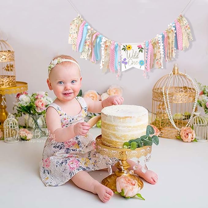 Wild flower High Chair Banner - Girls Wild One 1st Birthday Decoration, Floral Theme Highchair Banner