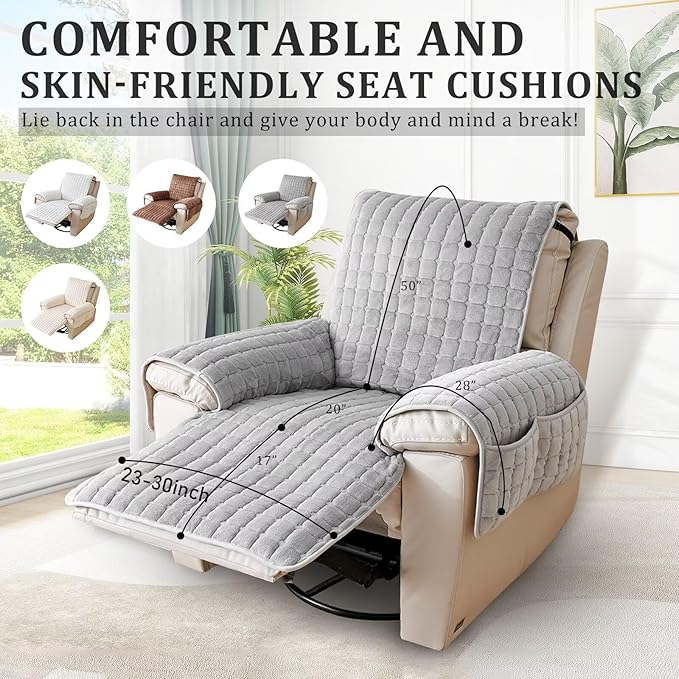 Plush Recliner Slipcover 23 Inches Washable Chair Covers Artificial Wool Lazy Boy Cover Quilted Cover for Recliner Chairs and Furniture,Large Taupe Chair Protector with Side Pocket for Kids/Pets