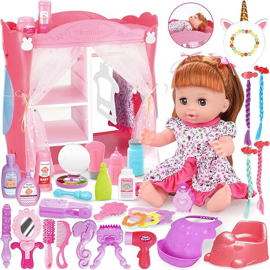 Baby Doll Playset with Wardrobe Bed, 14" Doll Toy 32PCS Beauty 3 4 5 6+