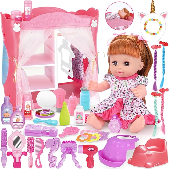 Baby Doll Playset with Wardrobe Bed, 32PCS Beauty Hair & Care Baby Doll Toy Set 14" Doll