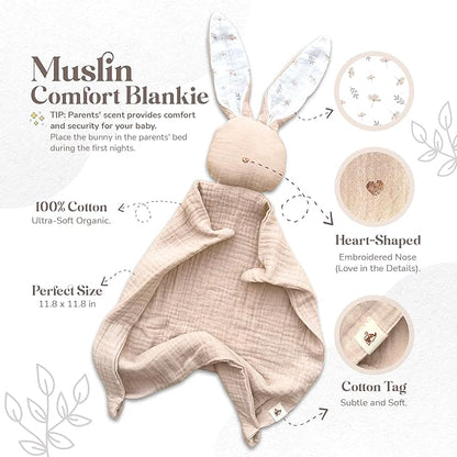 Mikito Organic Cotton Newborn Gifts Box, Baby Gifts Unisex incl. Muslin Baby Lovey Comforter + Baby Bandana Bib Drool + Wooden Baby Teether + Birth Announcement Sign