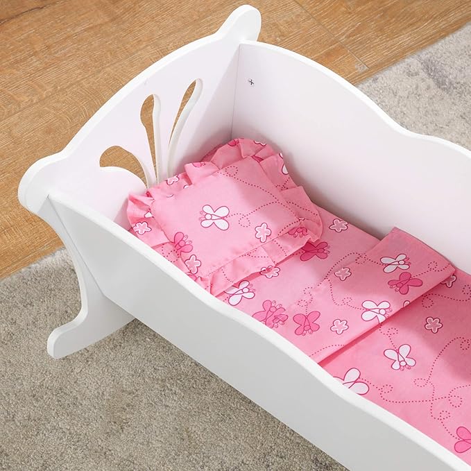 KidKraft Wooden White Lil' Doll Rocking Cradle with Pink Butterfly 18-Inch Baby 3+