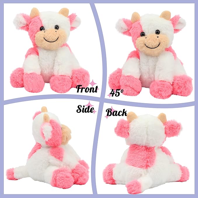 Hopearl Adorable Plush Cow Toy Floppy Dairy Cattle Soft Stuffed Animal Cute Birthday for Boys Girls Kids Toddlers, Strawberry Pink 9''
