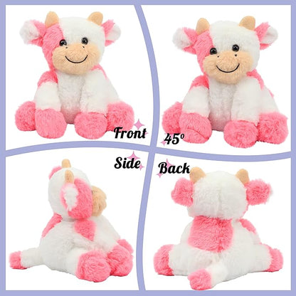 Hopearl Adorable Plush Cow Toy Floppy Dairy Cattle Soft Stuffed Animal Cute Birthday for Boys Girls Kids Toddlers, Strawberry Pink 9''
