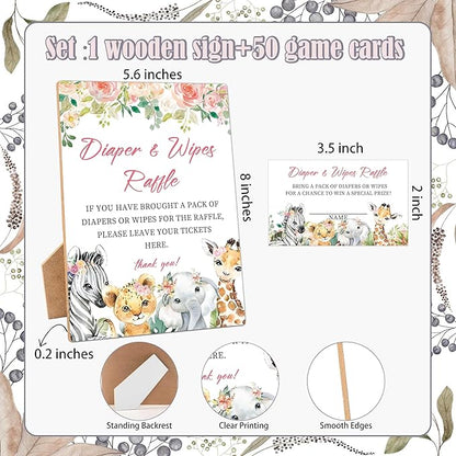 Diapers Wipes Raffle, Floral Animals Diaper Raffle Tickets for Baby Shower 1 Wooden 50 Diaper