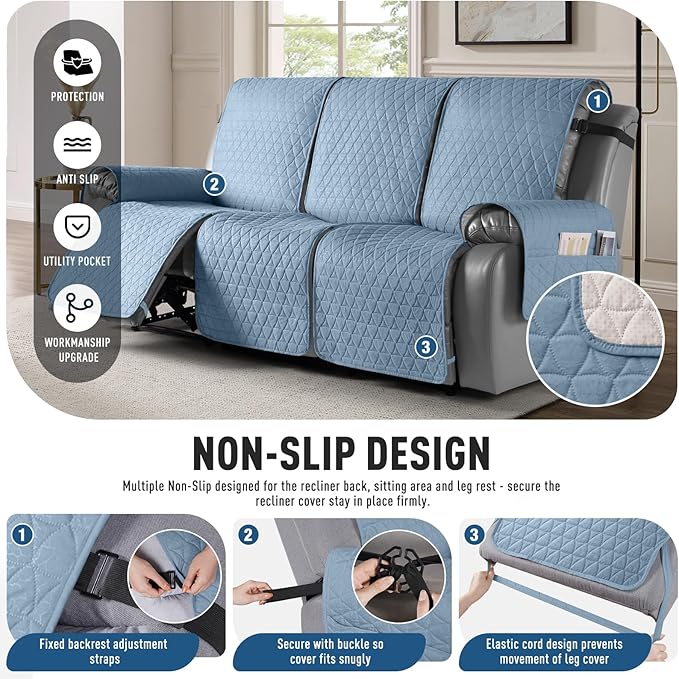 TAOCOCO 100% Waterproof Recliner Sofa Cover-Non Slip Split Couch Covers for Reclining Couches with Elastic Straps,Couch Covers for 3 Cushion Couch Sofa Pet Friendly(Sky Blue, 3 Seater)