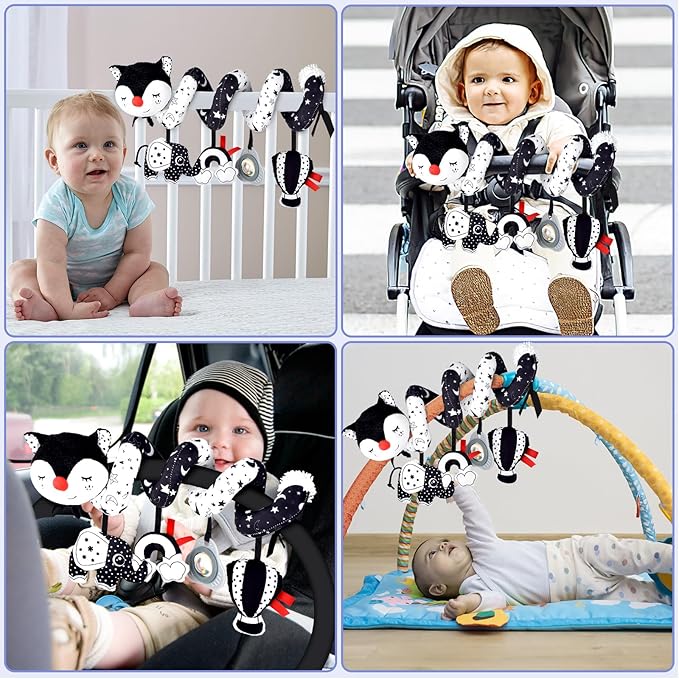 XIXILAND Musical Car Seat Toys Black and White Baby Toys, Infant Toys 0-6 Months Stroller Toys Newborn Toys, High Contrast Baby Toys for Newborn, Gift for 0 3 6 9 12 Months Girls Boys Babies