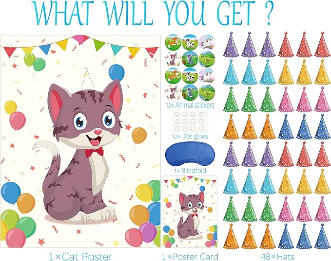 Morcheiong Pin The Tail on The Cat Birthday Party Game 48 Hats,